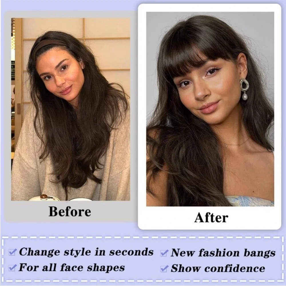 New Dark Brown Fake Bangs, 100% Real Human Hair Clip-In Wispy Fringe for Women